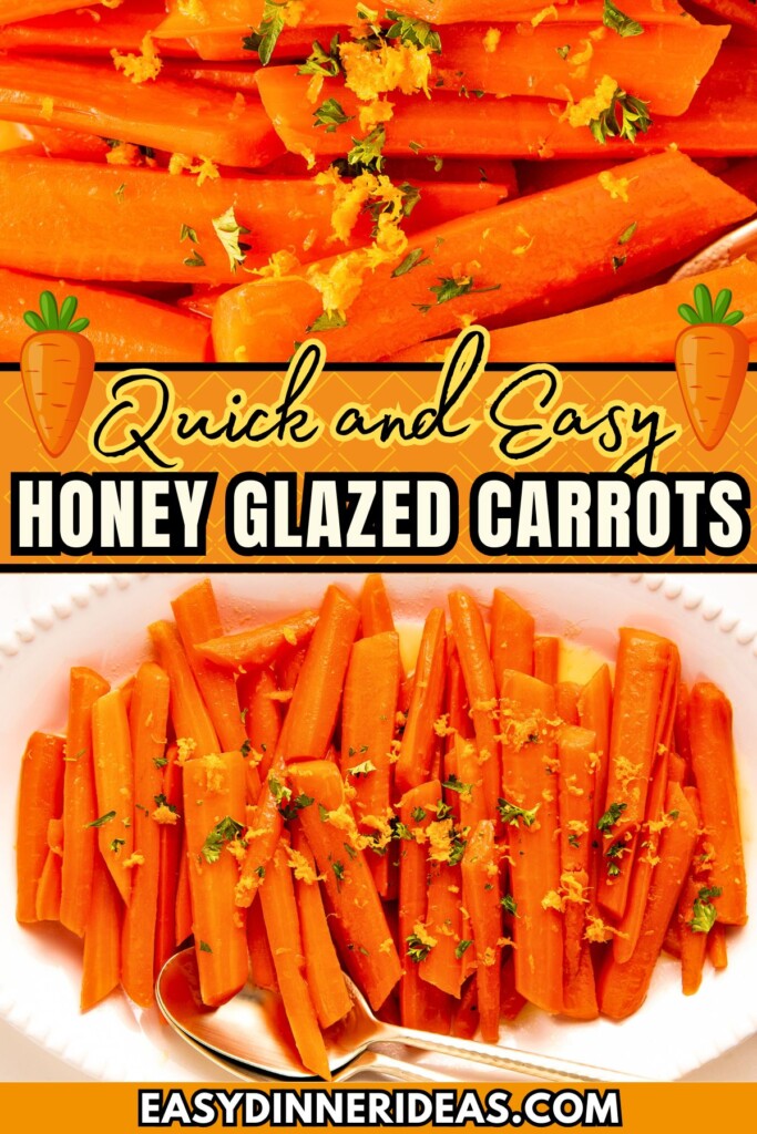 Tender, sweet and buttery glazed carrots with fresh herbs and lemon zest on top and served on a platter with two serving spoons.