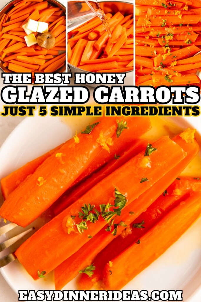 Glazed carrots being prepared in a skillet and a serving of honey glazed carrots on a plate with a fork.