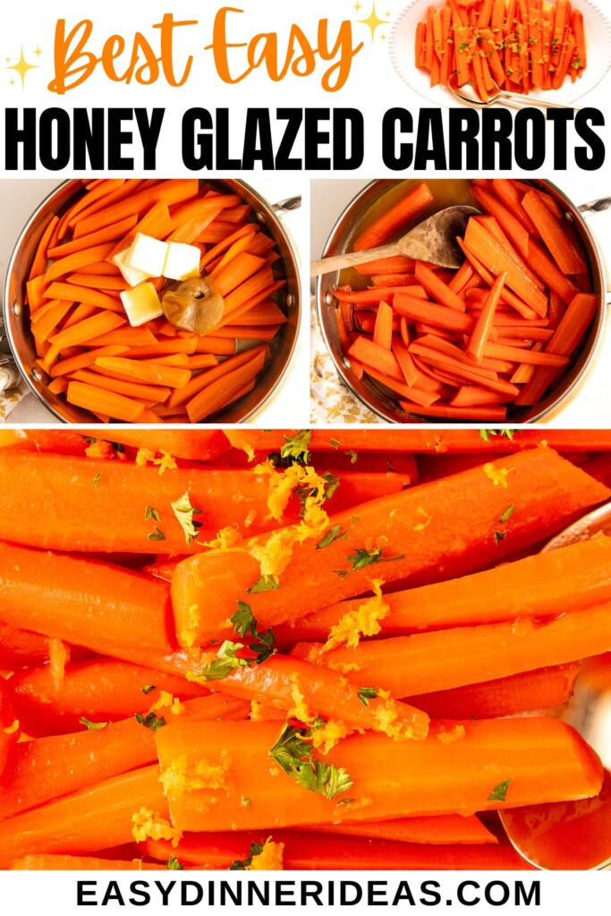 Carrots in a sauce pan being cooked until tender and glazed carrots on a serving platter with a serving spoon.