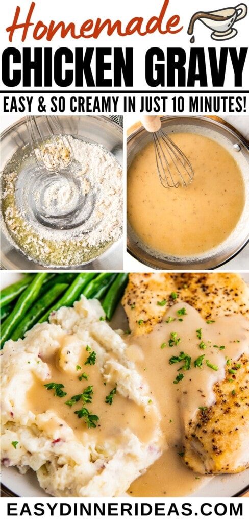 A roux in a skillet, creamy chicken gravy being stirred with a whisk and gravy drizzled over chicken and mashed potatoes.