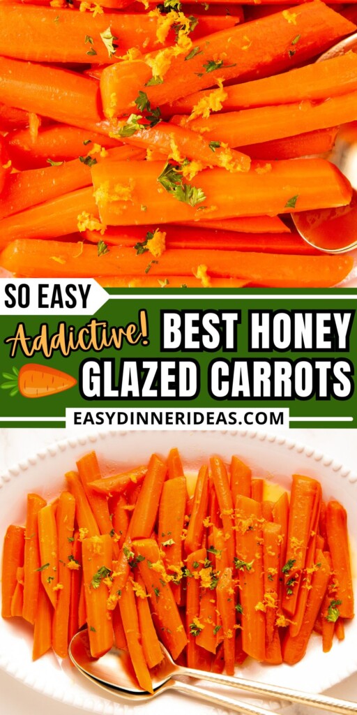 Honey glazed carrots on a platter with serving spoons.