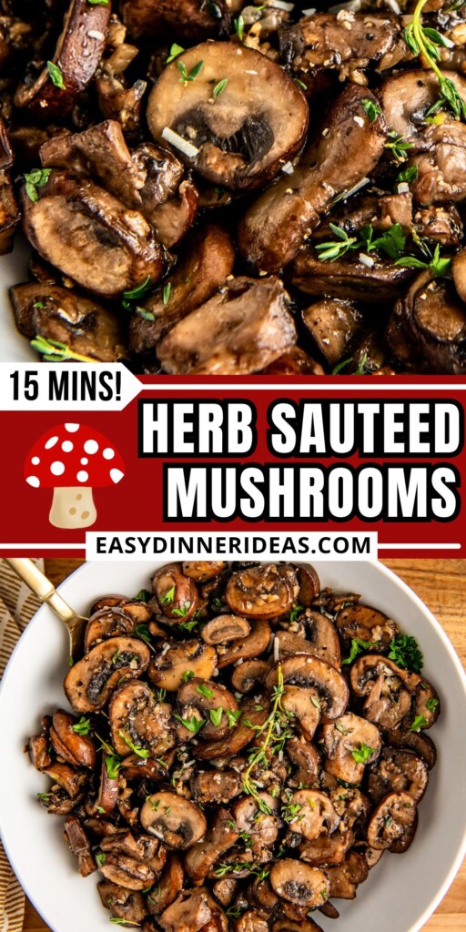 Garlic herb sautéed mushrooms in a bowl topped with fresh thyme.