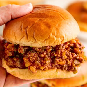 Close up of someone holding a sloppy Joe getting ready to take a bite.