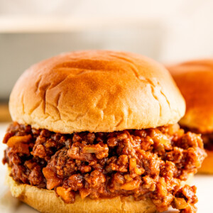 Closeup of a sloppy Joe sandwich.