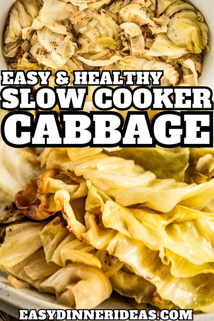 Slow cooker cabbage in a crockpot and a serving on a plate.