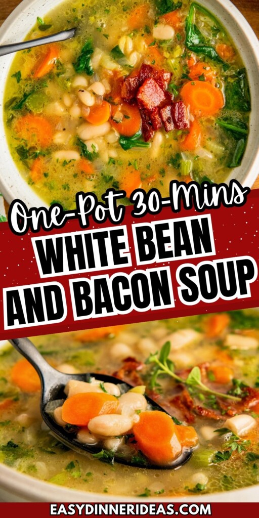 Two bowls of White Bean and Bacon Soup with a spoon lifting a bite of soup out of the bowl.