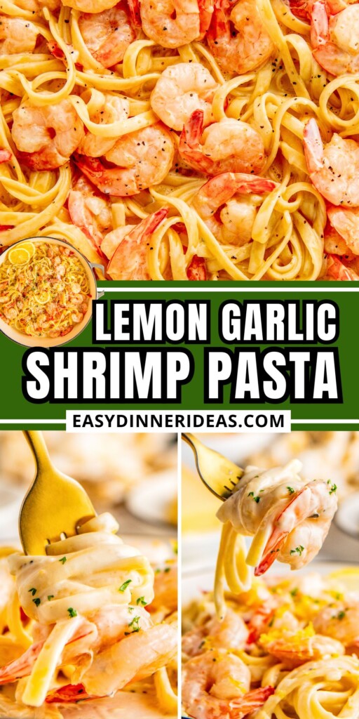 Garlic shrimp pasta in a skillet and a fork lifting a bite of creamy pasta with juicy garlic shrimp.