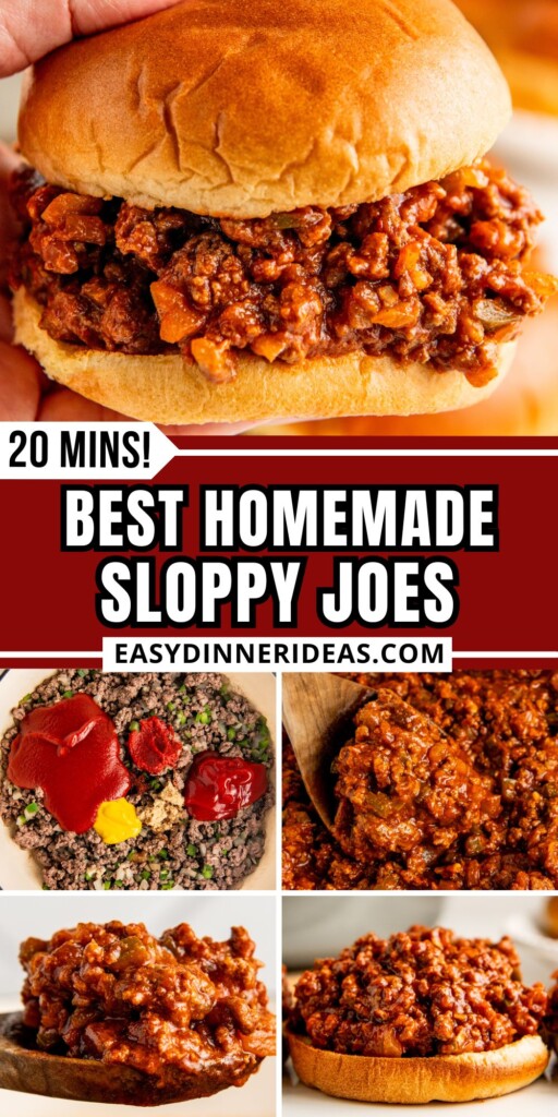 Sloppy Joe recipe being prepared in a skillet and then scooped out with a wooden spoon and served on hamburger buns.