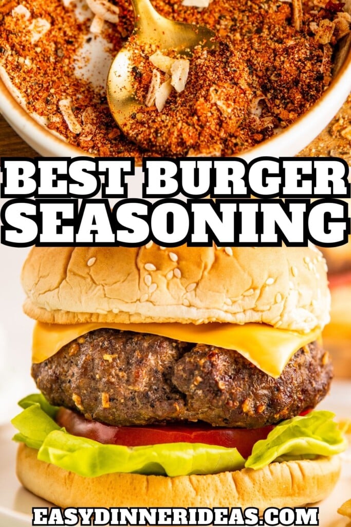 A bowl of burger spices and a cheeseburger made with our burger seasoning mix served on a bun.