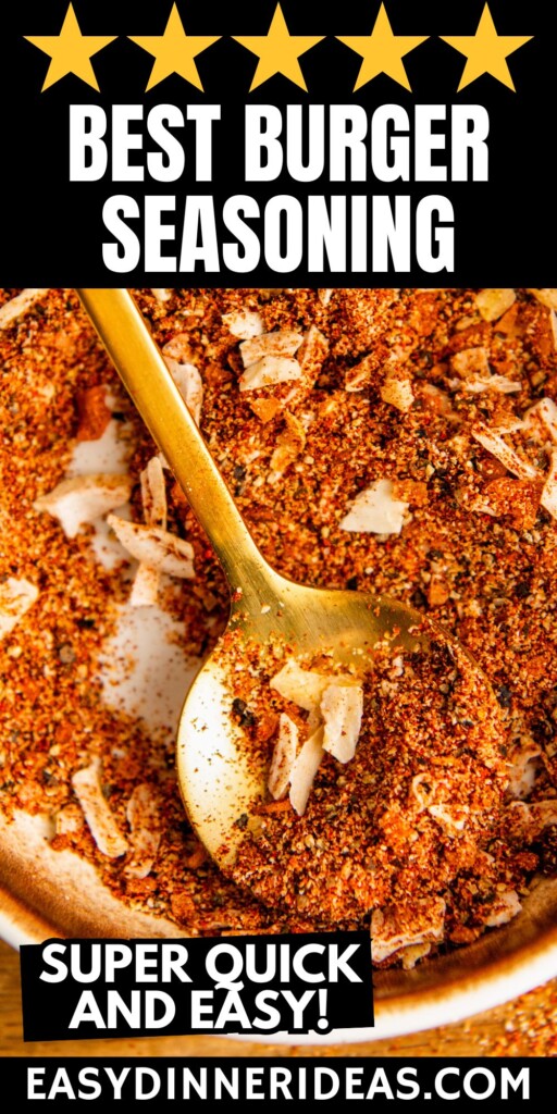A bowl of our best burger seasoning with a spoon.
