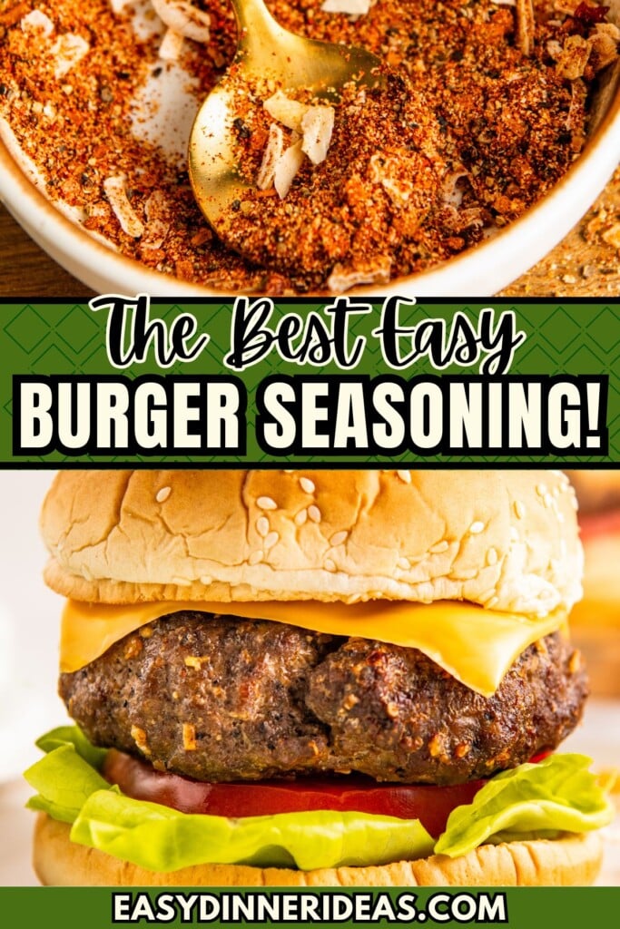 Burger seasoning in a bowl with a a spoon and a juicy cheeseburger served on a bun.