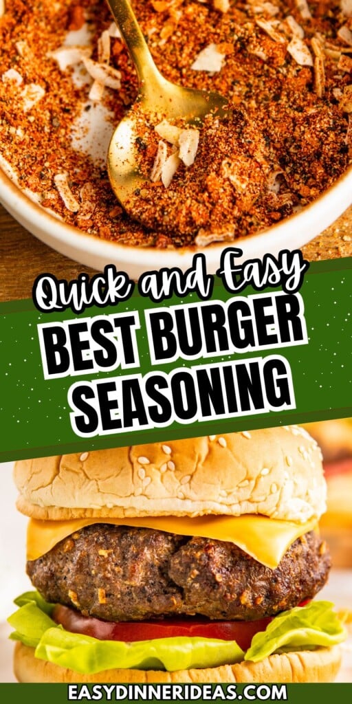 A bowl of our best burger seasoning with a spoon and a cheeseburger on a bun.