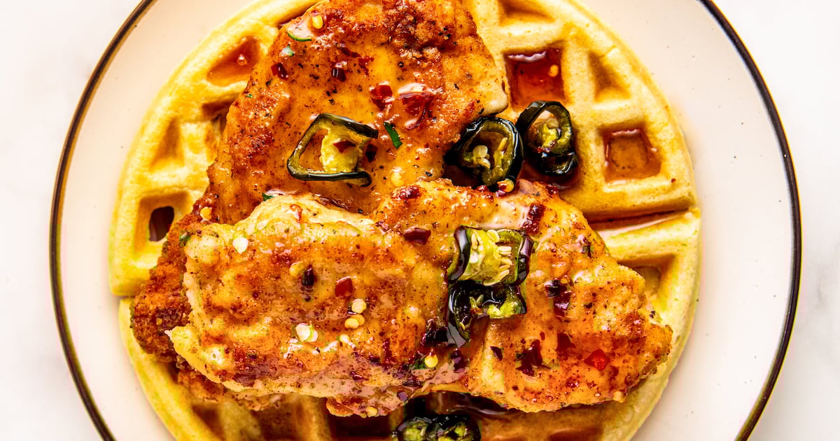 Landscape photo of Southern fried chicken with waffles.