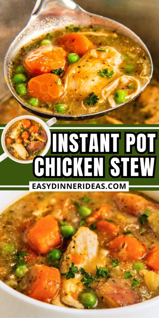 A ladle scooping out a serving of instant pot chicken stew and a bowl of creamy chicken stew with potatoes, carrots and peas.