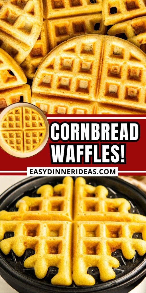 Cornbread waffles being cooked in a waffle iron and stacked on top of each other on a serving plate.