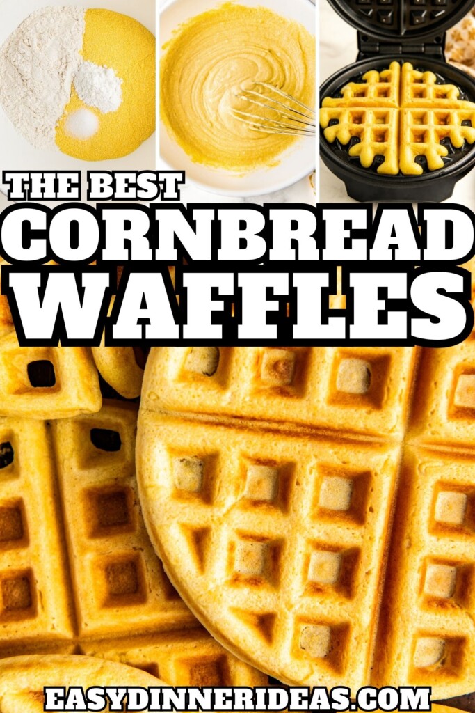 Cornmeal waffles being whisked together and cooked in a waffle iron and then cornbread waffles are stacked on top of each other on a tray.