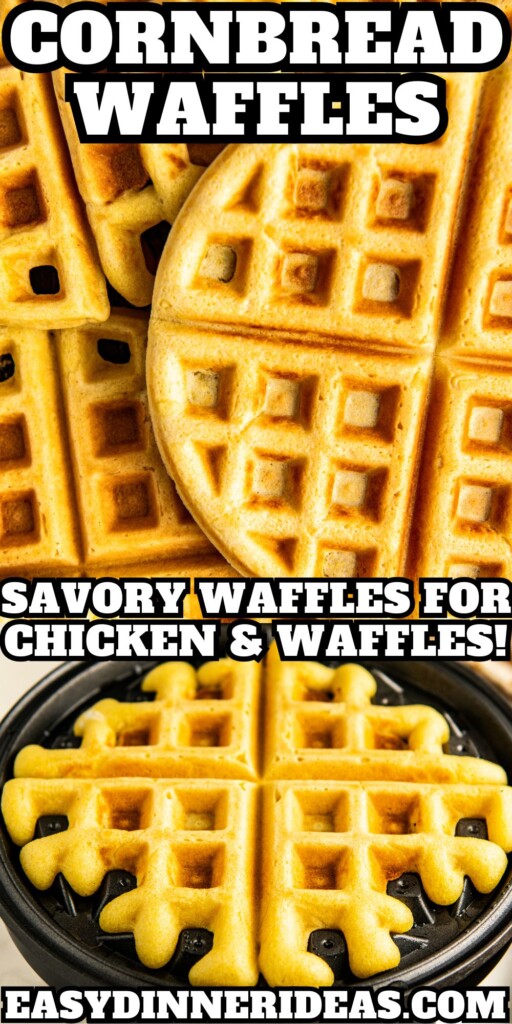 Cornmeal waffle batter being added to a waffle iron and cooked cornbread waffles stacked on top of each other.