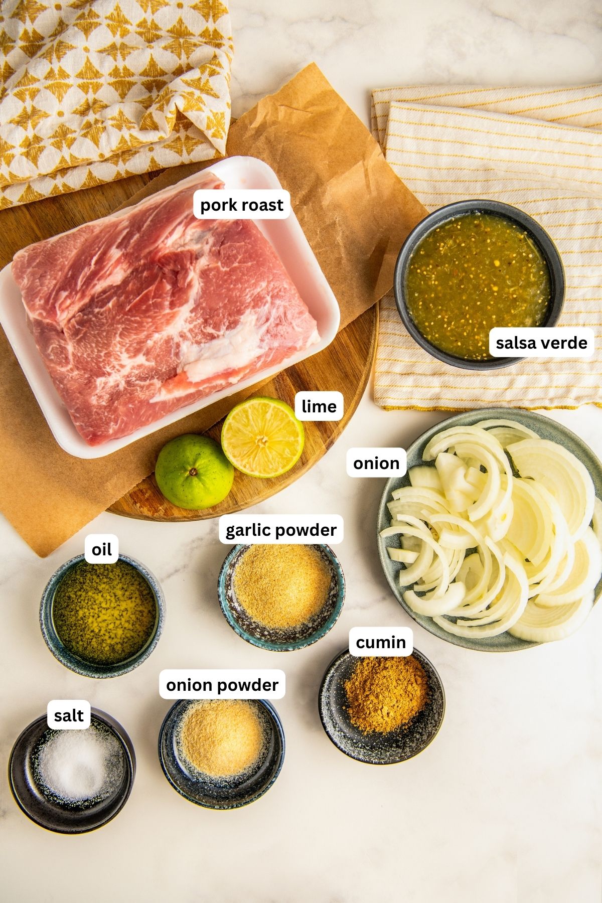 Labeled ingredients for salsa verde pork. 