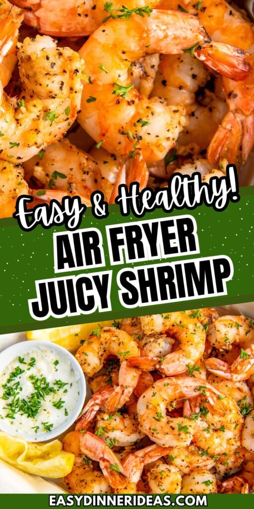 Air fryer shrimp with garlic topped with herbs and a bowl of dipping sauce on the side.