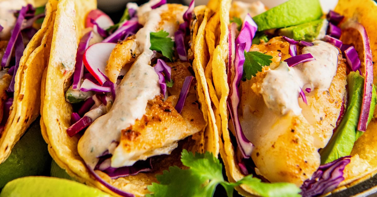 Landscape photo of fish tacos.