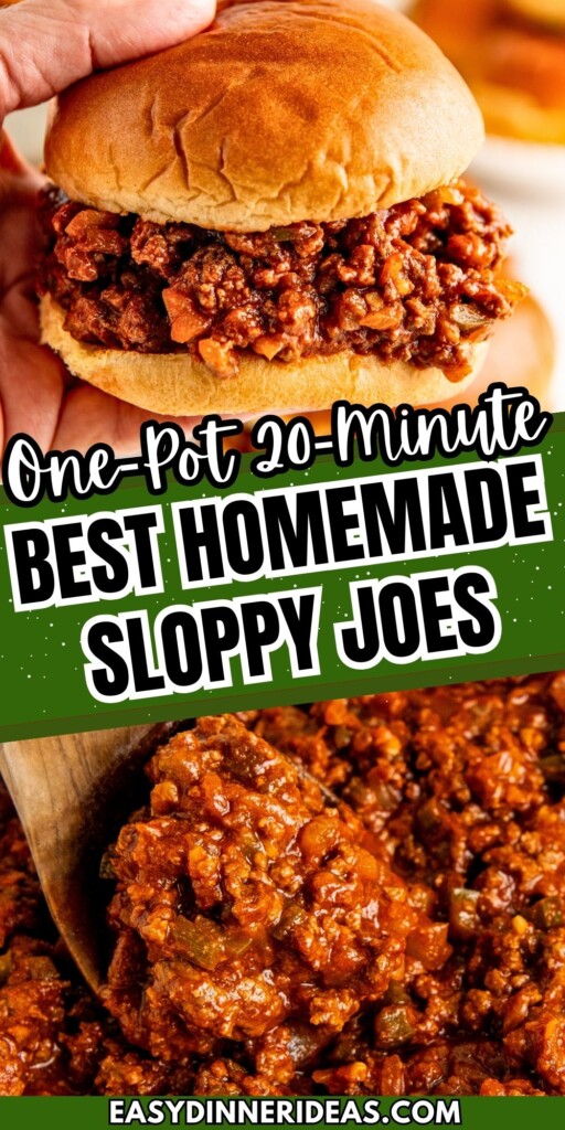 Sloppy Joe recipe in a skillet with a spoon scooping out a serving and a sloppy Joe served in a hamburger bun.