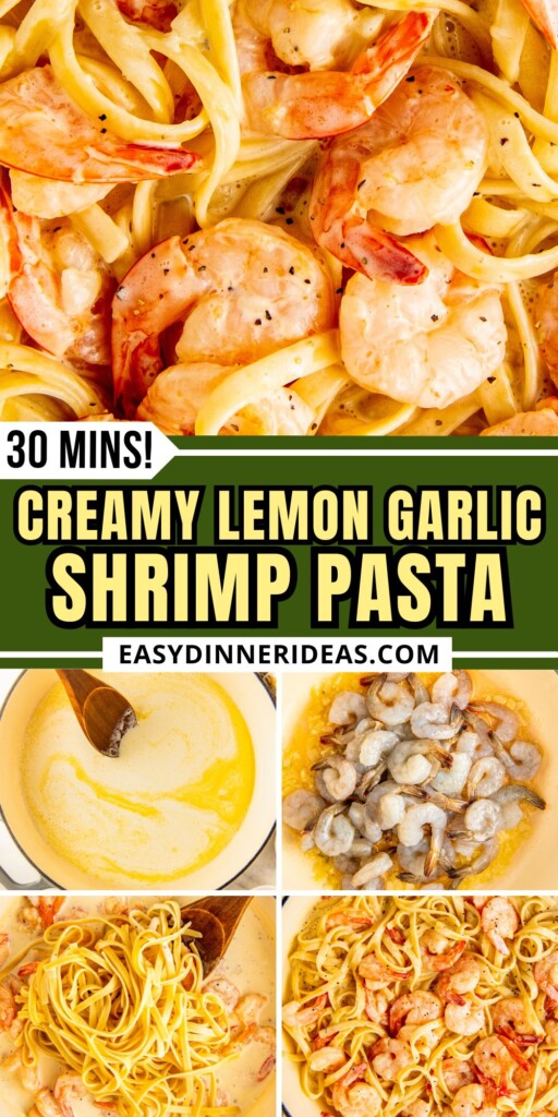 Creamy lemon garlic shrimp pasta being prepared in a skillet and served on a plate.