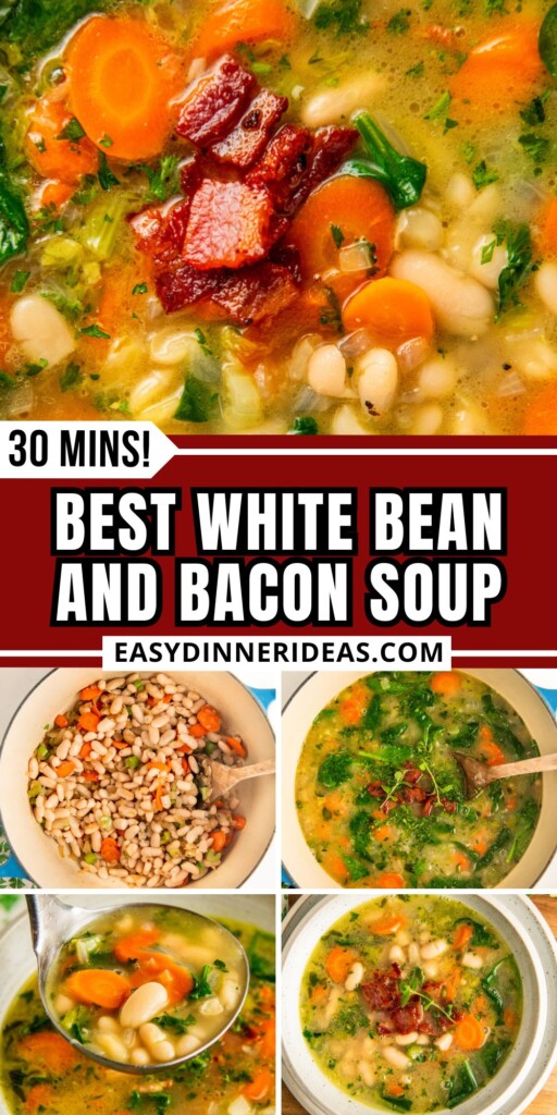 White Bean and Bacon Soup being prepared in a dutch oven, served with a ladle out of the pot and a bowl of tender white bean soup topped with bacon.