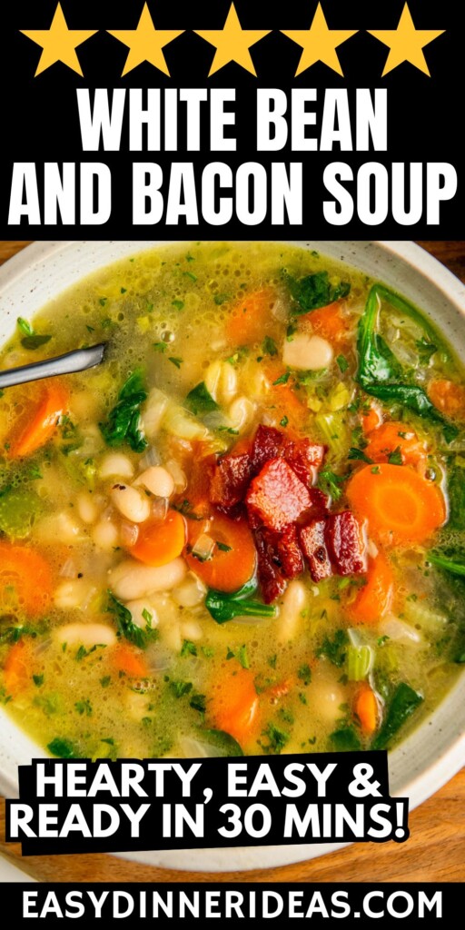 A bowl of White Bean and Bacon Soup with spinach and carrots.