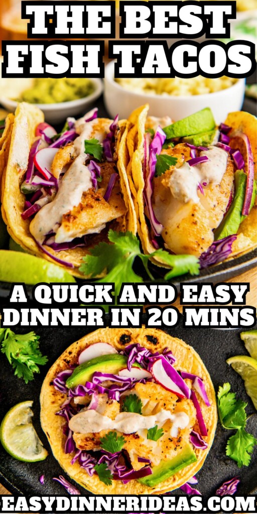 The best fish taco recipe arranged on a plate with creamy fish taco sauce on top.