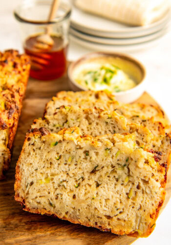 Close-up of the sliced zucchini beer bread.