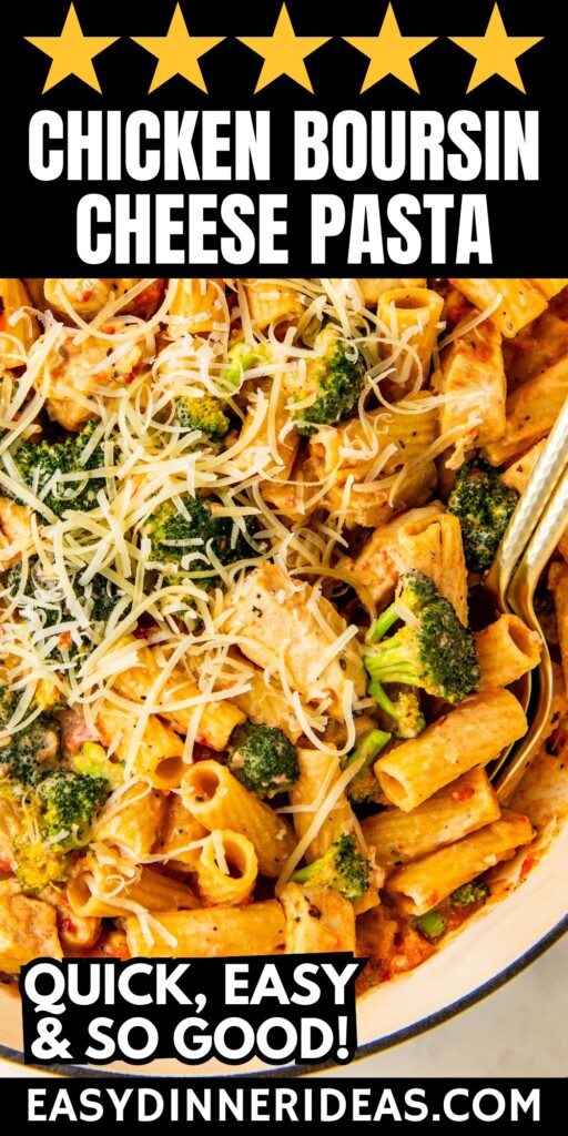 Two spoons scooping out a serving of creamy boursin cheese pasta with chicken and broccoli out of a large skillet.
