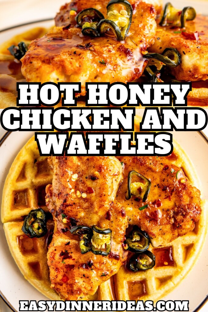 Fried chicken and waffles with hot honey with candied jalapeños drizzled on top.