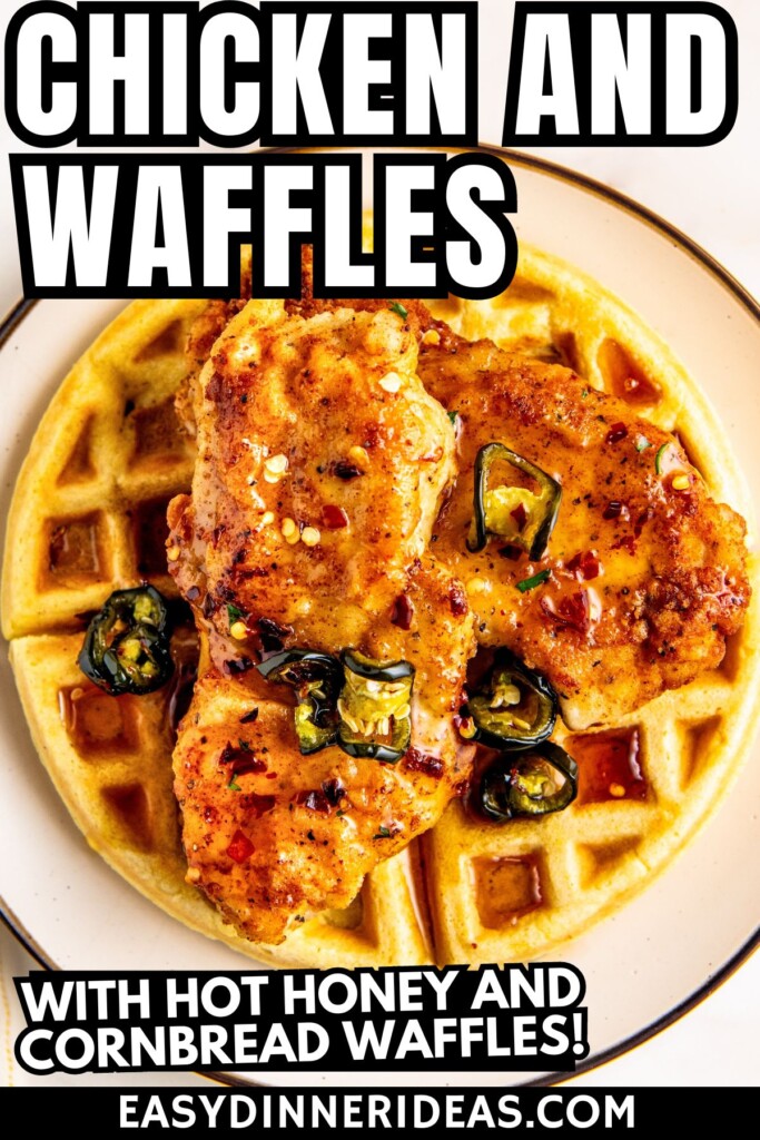 A plate of cornbread waffles topped with crispy fried chicken and hot honey to create a southern style chicken and waffles.