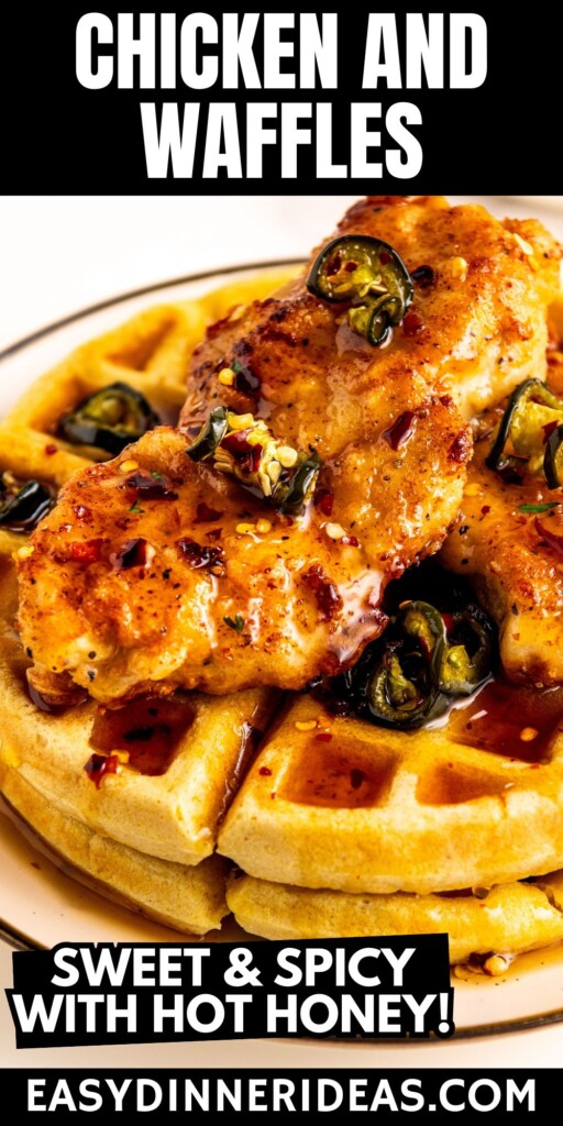 Southern style chicken and waffles with juicy, pan-fried chicken, cornbread waffles and a drizzle of hot honey on top.