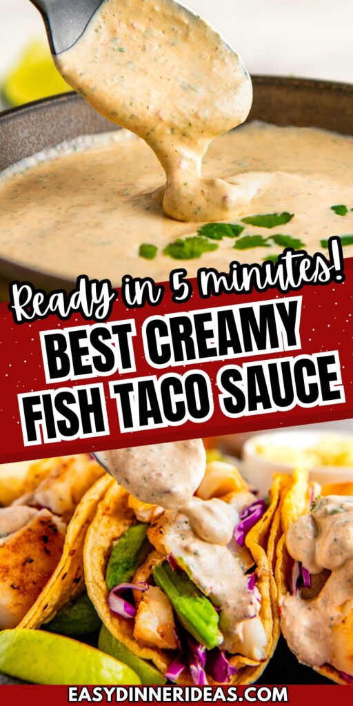 A spoonful of creamy chipotle fish taco sauce being drizzled on tacos.