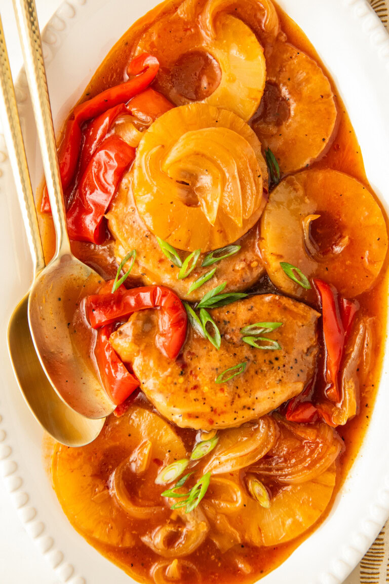 Plate of saucy pineapple-BBQ Hawaiian pork chops.