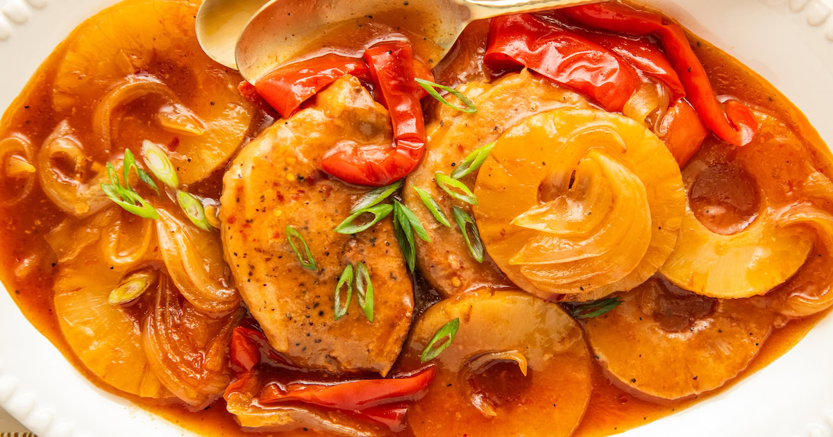 Landscape photo of Hawaiian pork chops.