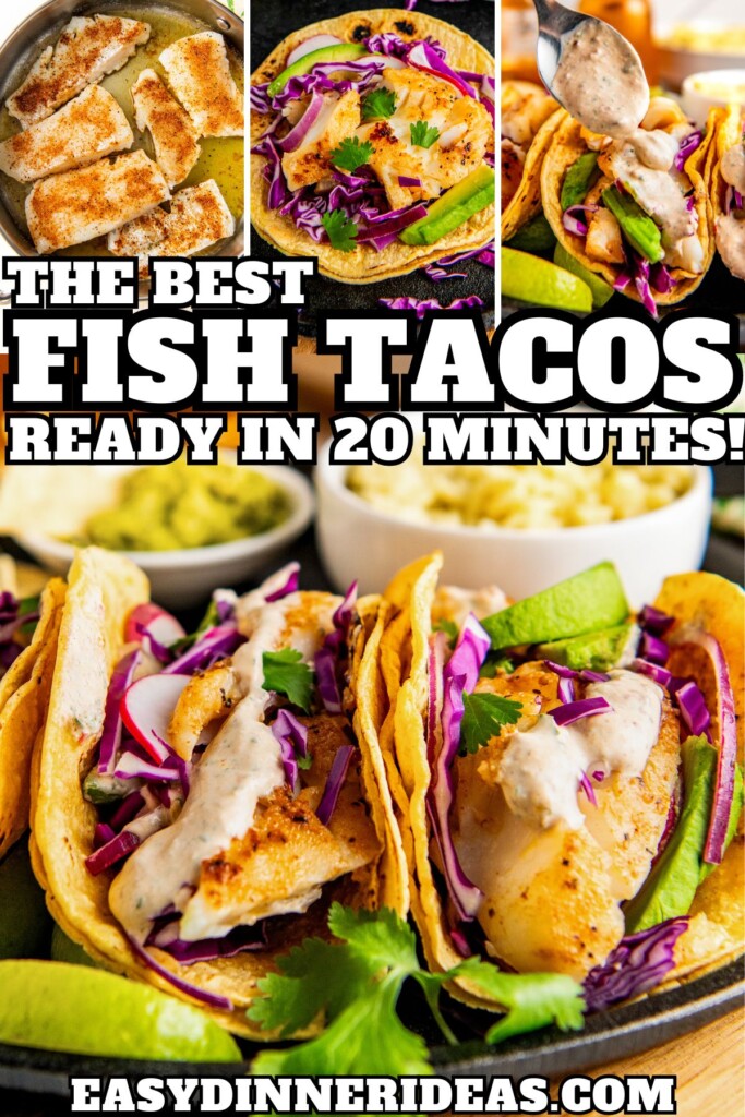 White fish being seasoned and pan fried, added to corn tortillas and assembled into fish tacos with fresh cabbage and a creamy chipotle fish taco sauce.