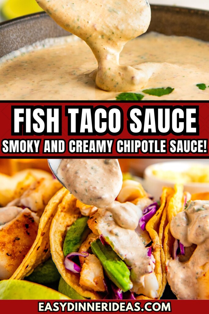 A spoonful of creamy fish taco sauce made with chipotle peppers and cilantro being drizzled on top of tacos.