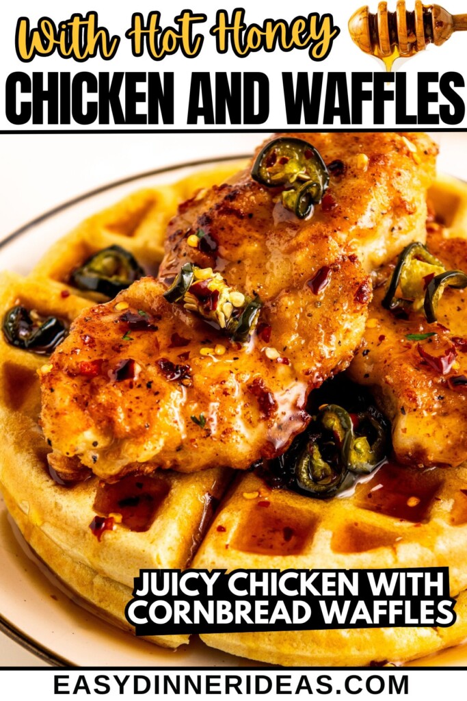 Crispy fried chicken and waffles served on a plate with a hearty drizzle of hot honey with jalapeños.
