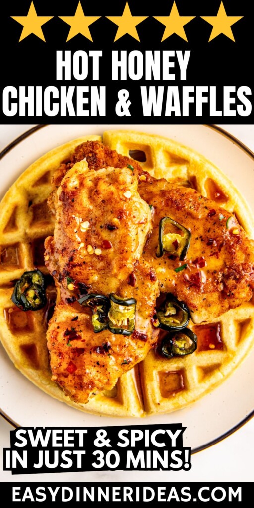 Hot honey with jalapeños drizzled over a plate of fried chicken and waffles.