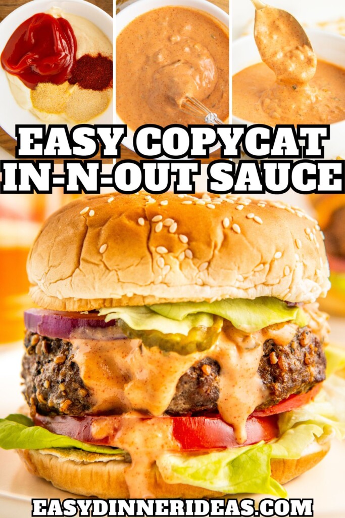 A bowl of burger sauce being stirred together and the copycat in and out sauce being served on a cheeseburger.