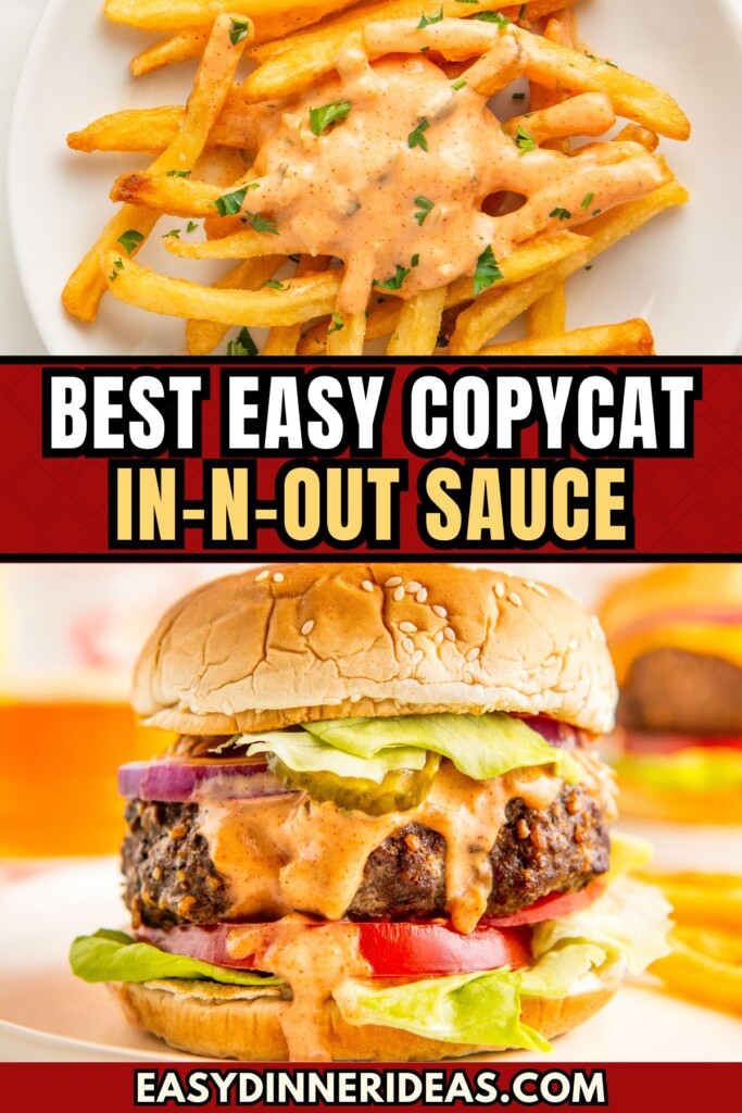 Copycat in and out sauce served over French fries and a hamburger.