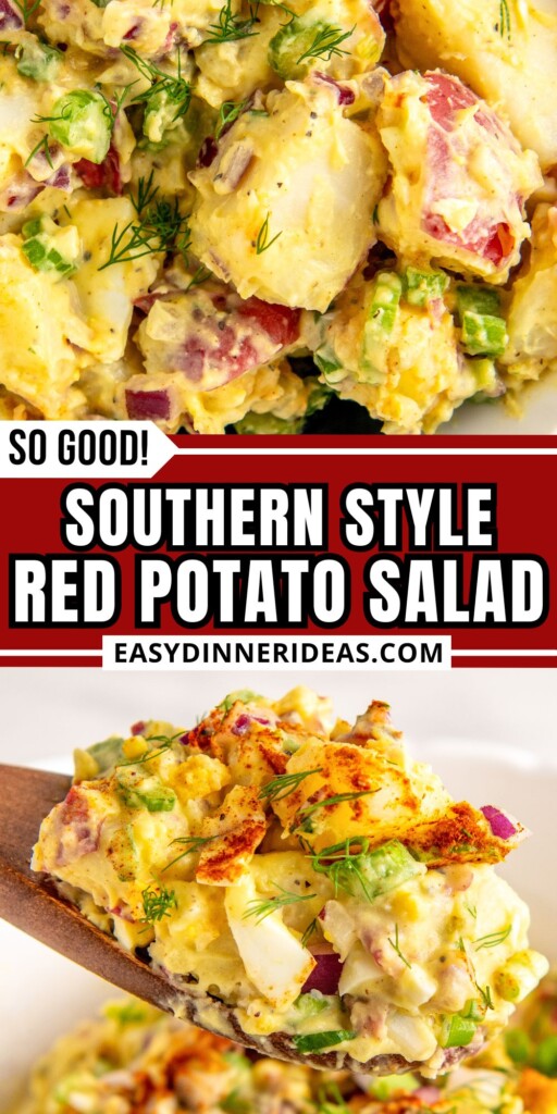 A bowl of creamy red potato salad with eggs and being served with a wooden spoon.