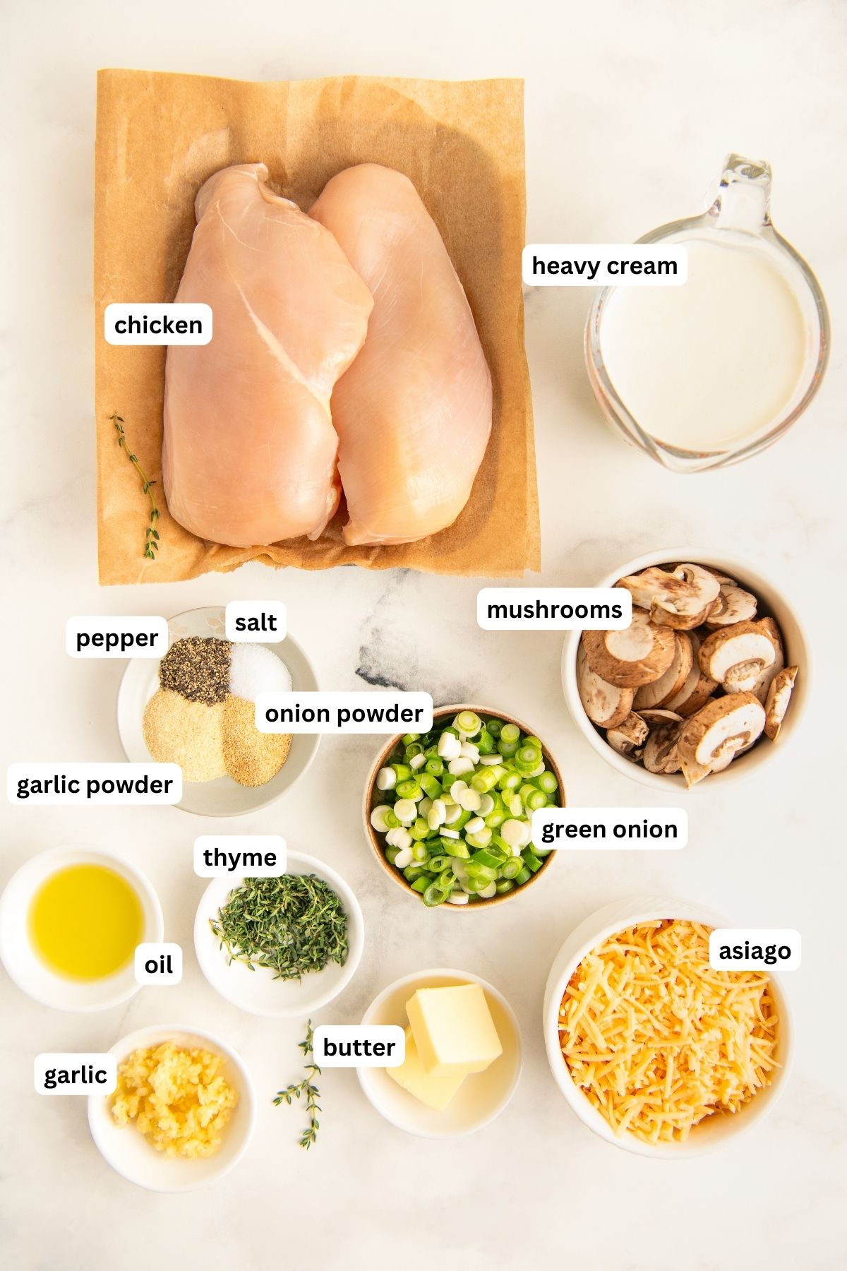 Ingredients for asiago chicken recipe arranged in bowls. From top to bottom: chicken breasts, heavy cream, mushrooms, salt, pepper, onion powder, garlic powder, green onion, thyme, oil, asiago cheese, butter and garlic. 