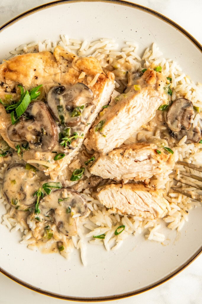 Plate of creamy asiago chicken over fluffy rice.