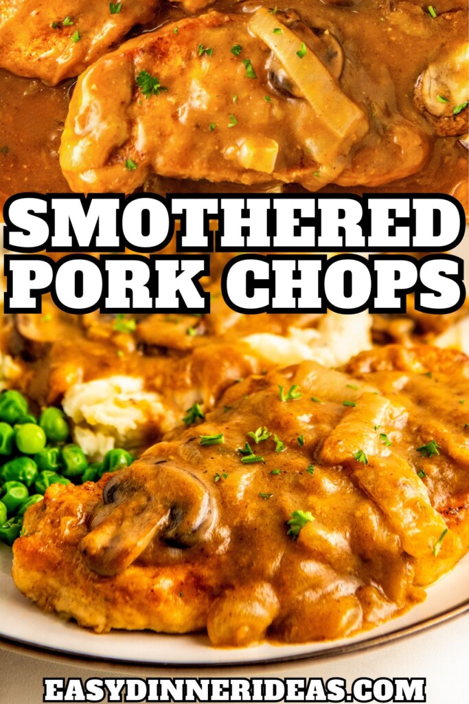 Smothered pork chops in gravy in a skillet and then served on a plate with mashed potatoes and peas.