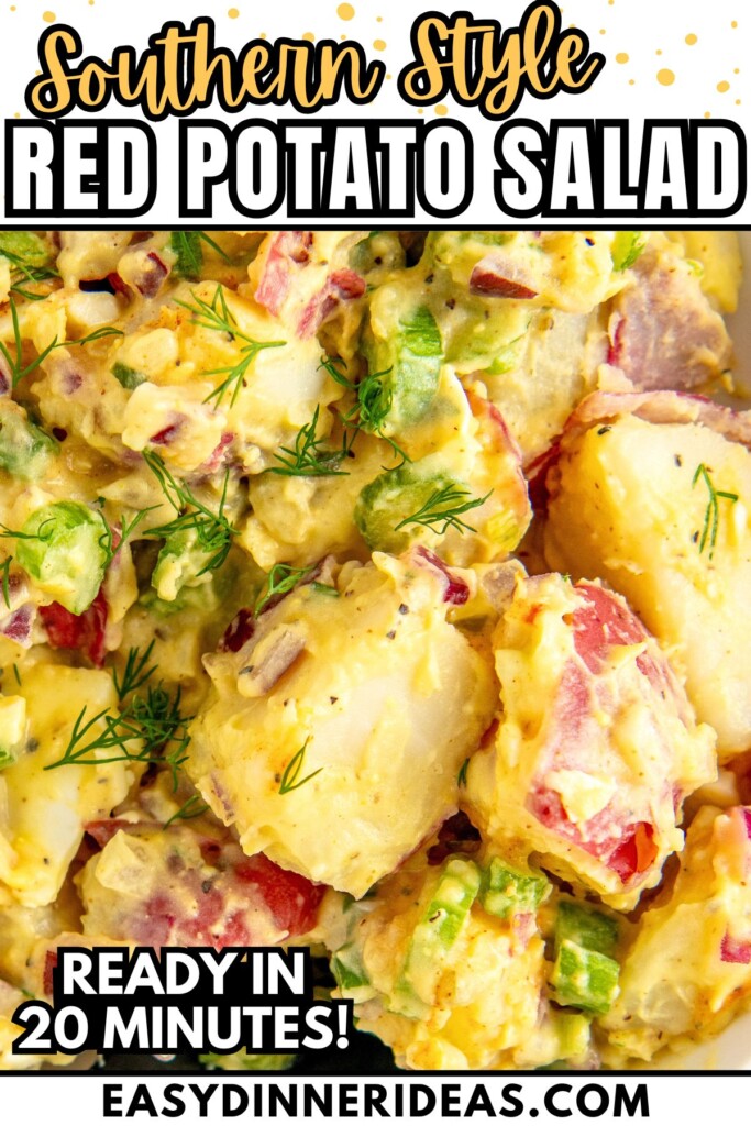 Southern style red potato salad with eggs and a creamy dill sauce in a serving bowl.