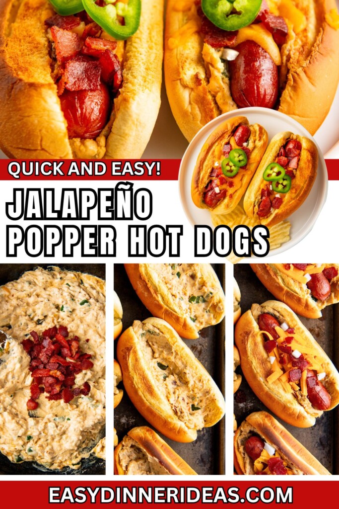 Jalapeño Popper Hot Dogs being stuffed with creamy jalapeño popper filling and served on a white plate with crispy bacon on top.