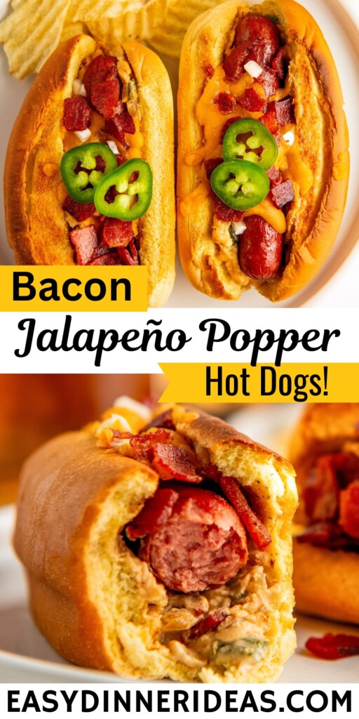 Stuffed hot dogs with a creamy jalapeño popper filing topped with crispy bacon and lots of cheese on a plate with a bite taken out of one hot dog.